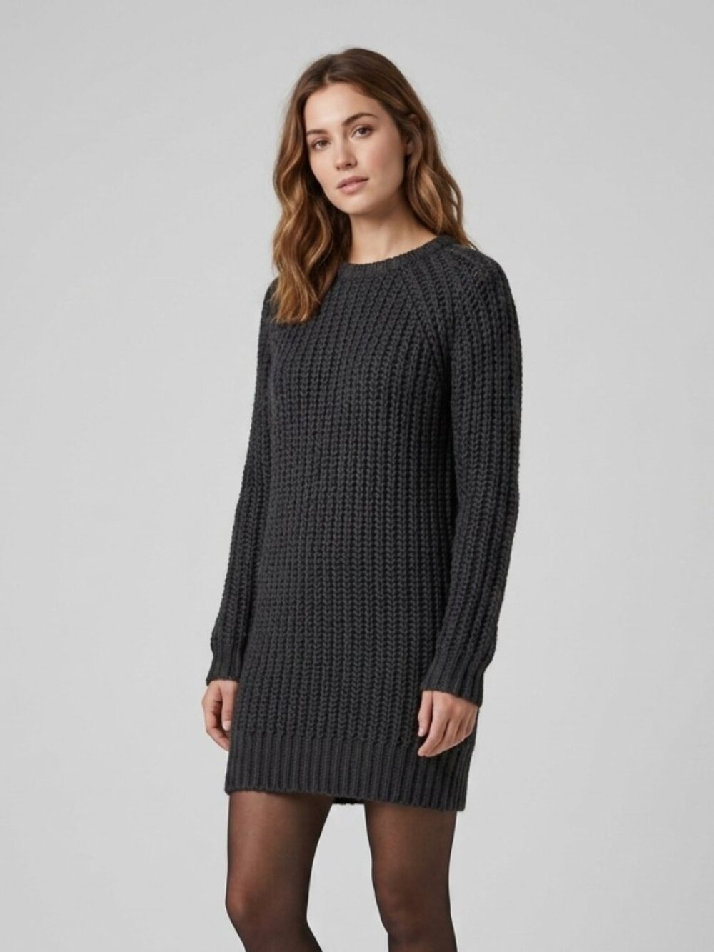 Brunette The Label Loose Knit Black Crew Neck Sweater Dress
